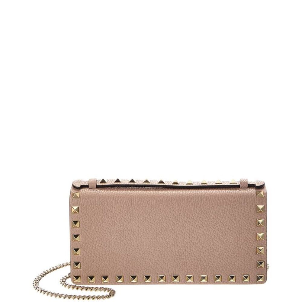 Valentino Rockstud Grainy Leather Wallet On Chain, Beige